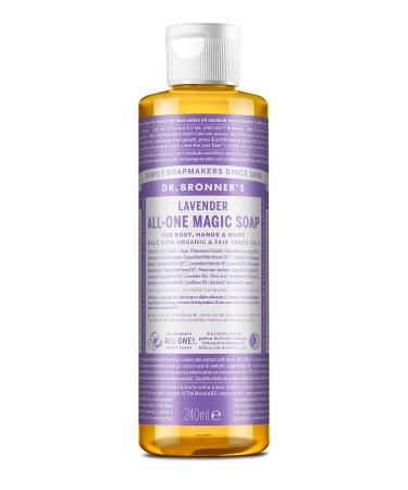 Dr Bronner's 18-in-1 Lavender Pure-Castile Liquid Soap Made with Organic Oils Used for Face Body Hair Dishes Mopping and Pets Certified Fair Trade & Vegan Friendly 237ml Recycled Bottle Lavender 237ml