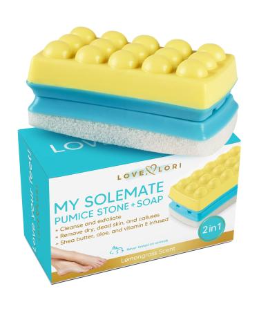 Foot Scrubber Pumice Stone for Feet by Love Lori - 2 in 1 Moisturizing Soap and Callus Remover - Lemongrass Cracked Heel Treatment Foot Exfoliator