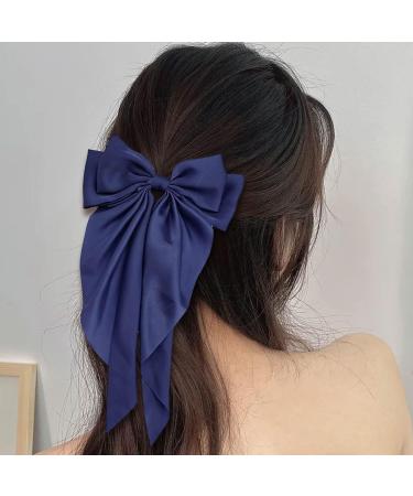 Navy Blue Big Bow Hair Clip for Women - Satin French Hair Barrette with Long Ribbon | Soft and Silky Hair Bows for Girls - Buy Online on GoSupps.com