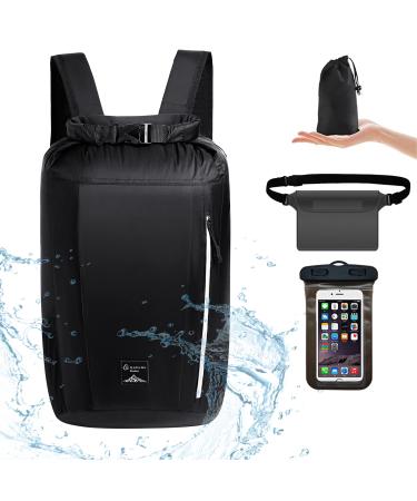 QIGARUGU Waterproof Backpack Lightweight Dry Bags 20L Roll Top Dry Sack with Phone Case Waist Pouch Set for Kayaking Hiking Swimming Beach Camping Fishing Boating & Rafting for Men & Women (Black)