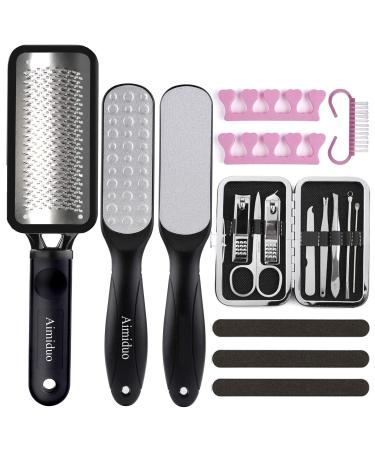 15pcs Foot Scrubber Pedicure Kit,Colossal Foot Rasp Foot File and Callus Remover Tool,Dead Skin Remover for Wet and Dry Feet, Surgical Grade Stainless Steel Files (black)