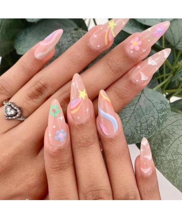 JUSTOTRY 24 Pcs Floral Almond Short False Nails Pattern Iridescent French Press on Nails Pretty Nude Fake Nails Short with Nail Glue Cloud Stiletto Medium Stick on Nails for Women rainbow&floral1