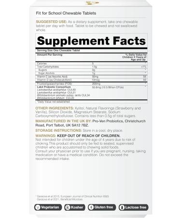 Pro-Ven Fit for School Kids Probiotic Chewable Tablets | 12.5 Billion CFUs with Vitamin C & D for Ages 4-16 | Natural Strawberry Flavor | Vegetarian Gluten & Lactose Free | 30 Daily Tablets - Buy Online on GoSupps.com