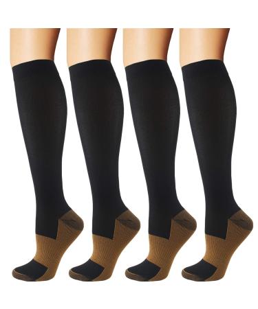 4 Pairs Copper Compression Socks for Men & Women 15-20 mmHg Medical Graduated Compression Stockings for Sports Running Plantar Fasciitis Nurses Shin Splints Diabetic S-M Black-4 Pairs