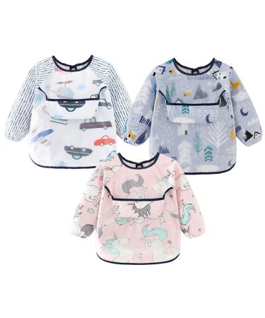 Discoball 3 Pcs Baby Bibs with Sleeves Unisex Baby Dribble Bibs - Waterproof Feeding Bibs Painting Apron Bibs Adjustable Closure with Large Pocket for Infant Toddler 6 Months to 3 Years Old Pink+White