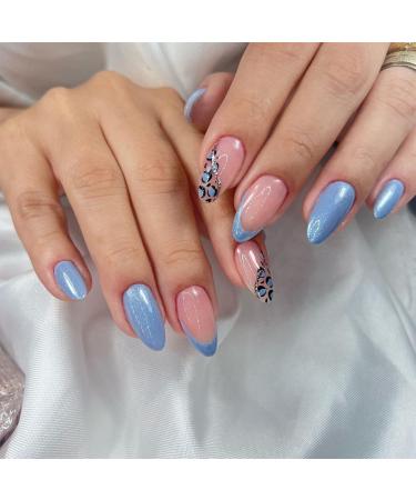 OKAQEE Nails Fake Nails Almond Solid Color Short Square False Nails with Glue (Blue Leopard)