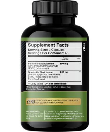 Gade Nutrition Palmitoylethanolamide Pea Supplement 800 mg with Quercetin 200 mg | Micronized Pea 99% Highly Purified and 95% Quercetin Bioavailable | Made in USA | Supplement for Men and Women - Buy Online on GoSupps.com