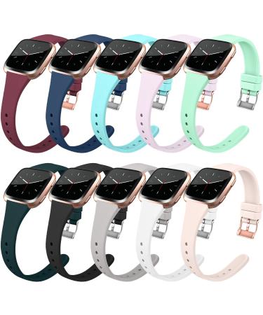 10 Pack Slim Bands Compatible with Fitbit Versa/Fitbit Versa 2/Fitbit Versa Lite for Women Men Soft Silicone Replacement Wristbands with Metal Buckle Small 02: Wine red/Navy blue/Dark green/White/Light blue/Black/Gray/Mint…