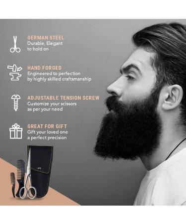 ONTAKI 5 Professional German Steel Beard & Mustache Scissors - Includes 2 Comb & Carrying Pouch - Hand Forged with Bevel Edge for Ultimate Grooming - Men's Facial Hair Kit (Silver) - Buy Online on GoSupps.com