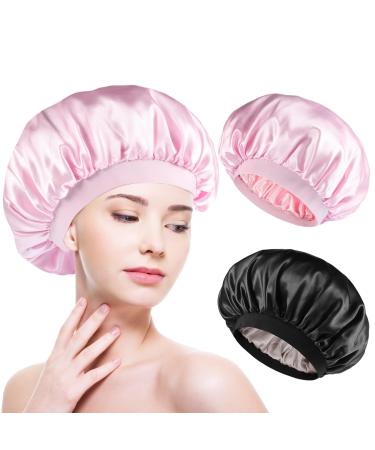 2 pieces satin hair hood double -sided hair hood for the night soft satin bonnet sleeping hood bonnen sleep caps sleeping hat breathable for women girls (black pink) - Buy Online on GoSupps.com