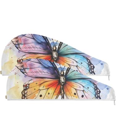 Butterfly Watercolor Hair Towel 2 Pack | Super Absorbent Quick Dry Hair Turbans for Women & Girls - Buy Online on GoSupps.com
