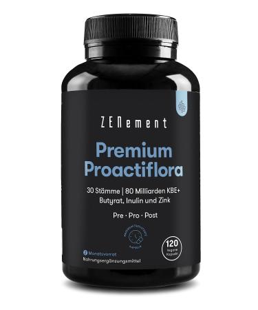 Premium proactiflora cultures complex |30 bacterial strains + inulin |8x high -dose: 80 billion KBE per daily dose among others lactobacillus & bifidobacteria |120 gastrointestinal capsules |Vegan |Zenement - Buy Online on GoSupps.com