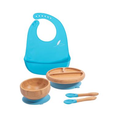 Love Earth - Bamboo Baby Weaning Set 5 Piece Baby Weaning Set Including Suction Plate Bowl Spoons and a Silicone Bib Eco-Friendly Weaning Set for Babies from 3 Months to 6 Years (Blue)