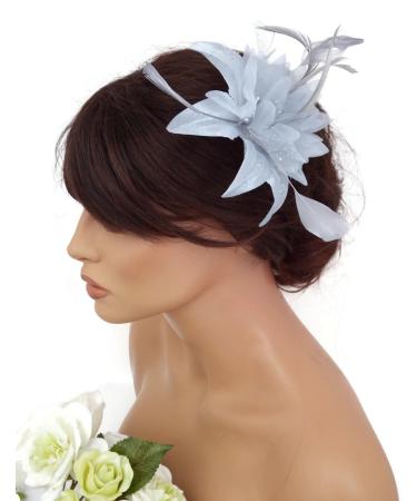 Feather and Flower Hair comb slide Fascinator with Glittery Spotty net Bridal Wedding Races Prom (Silver Grey) by Inca