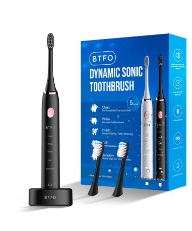 BTFO Sonic Electric Toothbrush with 5 Modes, 2pcs Replacement Brush Heads USB Rechargeable Smart Electronic Toothbrush with Holder for Adults IPX7 Waterproof Timing Fast Charging (Black, 1741-01)