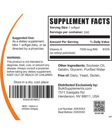 Vitamin A 25000 IU Softgels - Retinyl Palmitate Antioxidant Supplement - 240 Count Eye Health Pills - Buy Online on GoSupps.com