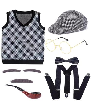 amangul Old Man Costume Accessories Grandpa Set for Boys Kids 100 Days of School Grandpa Costume for Cosplay Masquerade Party(Black Vest Suit B 130 Cm)