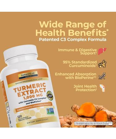 Nature's Lab Turmeric Curcumin C3 Complex 1000mg - Turmeric Extract 1000mg & BioPerine 5mg Standardized to 95%, Promotes Cardiovascular, Immune, Joint, Skin Health - 120 Capsules (60 Day Supply) - Buy Online on GoSupps.com