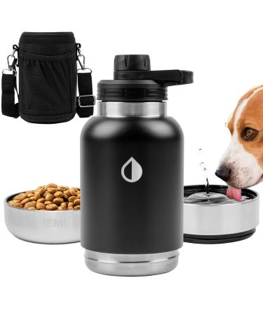 HEMLI 32 oz. Dog Water Bottle, Insulated Dog Travel Water Bottle, Stainless Steel Pet Water Bottle Dispenser Portable Food and Water Bowl for Dogs with Carrying Case for Walking Dog Canteen Travel Kit Black
