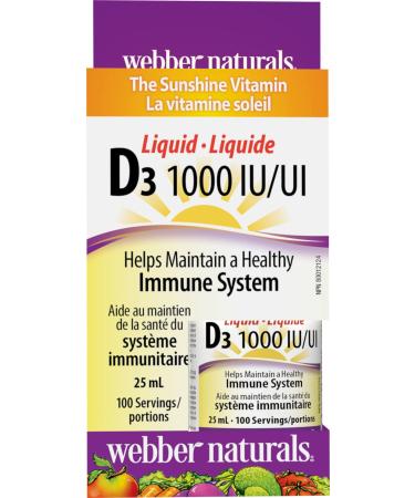 Webber Naturals Vitamin D3 1000 IU Liquid 25 mL For Healthy Bones Teeth and the Maintenance of Good Health Unflavored 25 ml (Pack of 1)