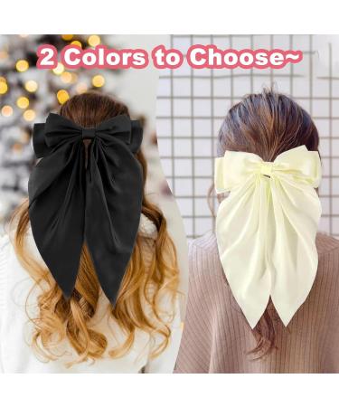 Bow Hair Clip Set for Women - 2 Pcs Black and Creamy-white Satin Hair Bows with Long Hair Slides - Bowknot Hairpin Accessories - Buy Online on GoSupps.com