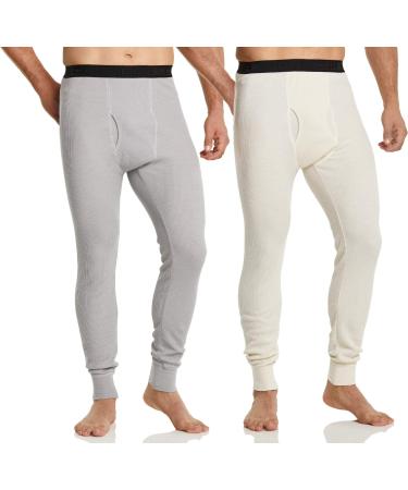 CQR 1 or 2 Pack Men's Thermal Underwear Pants, Midweight Waffle Knit Long Johns, Winter Cold Weather Thermal Bottoms with Fly 2 Packs of Pants Light Grey/ Natural X-Large