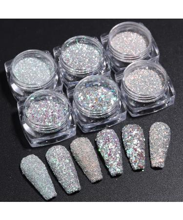 Reflective Nail Glitter Powder 6 Boxes Sparkling Diamond Glitter for Nails Iridescent Sequins Holographic Glitter Super Bright Pigment Dust Party Nightclub Glitter Nail Art Decoration