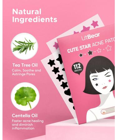 LitBear Acne Patch 112 Pcs - Black & Pink Star Hydrocolloid Absorbing Cover for Face - Tea Tree Oil + Centella - Zit & Pimple Dots - Buy Online on GoSupps.com