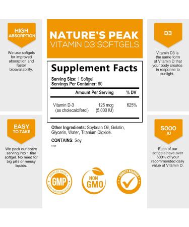 High Potency 5000 IU Vitamin D3 Softgels for Bone, Muscle, and Immune Health - Non-GMO Supplement - 60 Day Supply - Buy Online on GoSupps.com