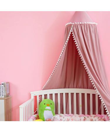 LOAOL Kids Bed Canopy with Pom Pom Cotton Canopy for Crib Baby Girl Netting Cover Canopy Crib Curtain Reading Nook Hanging Tent Nursery Play Game Castle House Decoration (Pink Pompom)