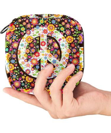 Stylish Menstruation Pad Bag with Zipper | Women's Tampon & Napkin Bag | Hippie Flowers & Peace Symbol Design - Buy Online on GoSupps.com