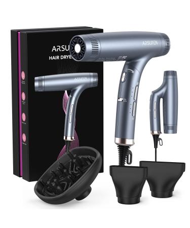 Arsupen Professional Hair Dryer with Powerful Brushless Motor  Lightweight Foldable Dual Ionic Blow Dryer  High Speed for Fast Drying with Magnetic Nozzle  12 Modes  Super Quiet  for Travel Salon Home Black
