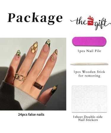 Dark Green Checkerboard & Swirl Oval Press on Nails Set - 24Pcs Acrylic False Fingers for Women Girls - Buy Online on GoSupps.com