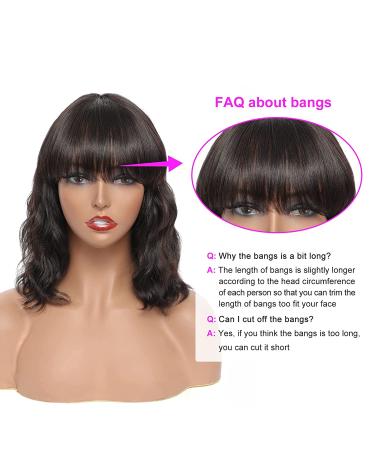 MISNEY 12 Inch Wavy Bob Human Hair Wig with Bangs - 130% Density, Machine Made, Natural Color - For Black Women - Buy Online on GoSupps.com