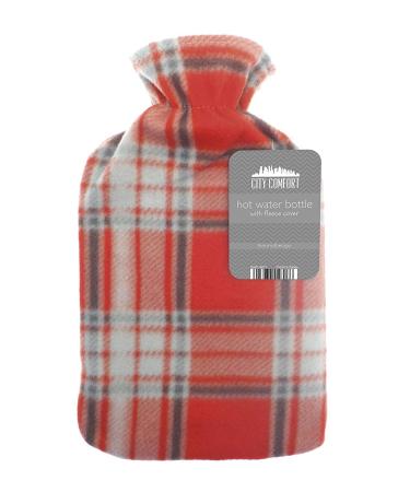 Hot Water Bottle with Beautiful Fleece Print Soft Cover Premium Natural Rubber 2 Litre Hot Water Bag - Helps Provide Warmth and Comfort (Red and Grey Check)