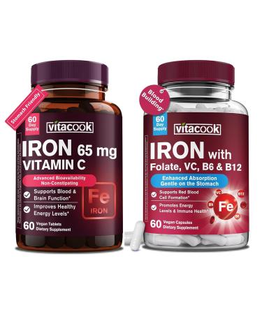 Vitacook 65mg Iron Supplement for Women Men with Vitamin C 250mg + Iron Bisglycinate with Vitamin C B6 B12 Folate