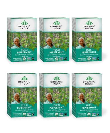 Organic India Tulsi Peppermint Herbal Tea - Stress Relieving & Refreshing, Immune Support, Aids Digestion, Vegan, USDA Certified Organic, Fairtrade, Caffeine-Free - 18 Infusion Bags, 6 Pack