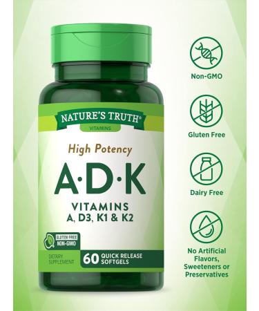 Nature's Truth Vitamin A D K Supplement 60 Softgels Non-GMO Gluten Free A D3 K1 K2 - Buy Online on GoSupps.com