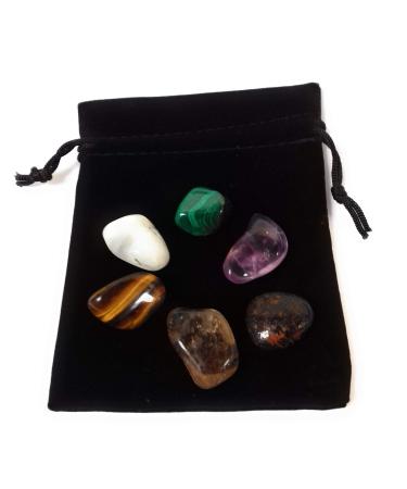 6 x Travellers Tumble Stones Crystals Pack - Malachite Amethyst Rainbow Moonstone Smoky Quartz Black Tourmaline Tigers Eye - Travel Tumble Stone Pack
