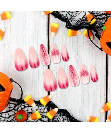 DeryArcle 24 Nails Press On Nails Halloween Long False Nail Almond Shape Fake Nails Bling Glossy Stick On Nails Pink 3D Artificial Nails Glitter for Women and Girls - Buy Online on GoSupps.com