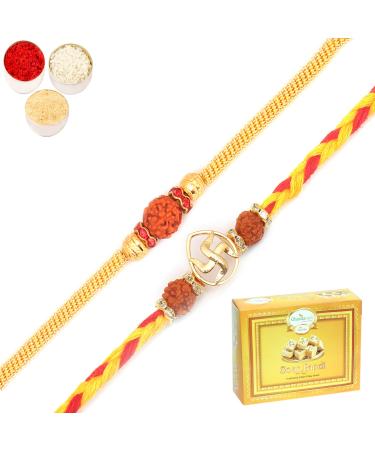 Ghasitaram Gifts Rakhi for Brother Rakhis Online - Set of 2 RM605 and R50016 Premium Rakhis with 400 GMS of Soan Papdi