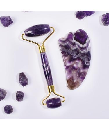 ESBANT Amethyst Massager Natural Stone Facial Roller Gua Sha Tool Set Scraping Crystal Massage 2pcs zhimo