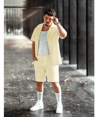 AstoSeu Men's Short Sleeve Shirt and Shorts Set - Light Yellow, X-Large - Buy Online on GoSupps.com