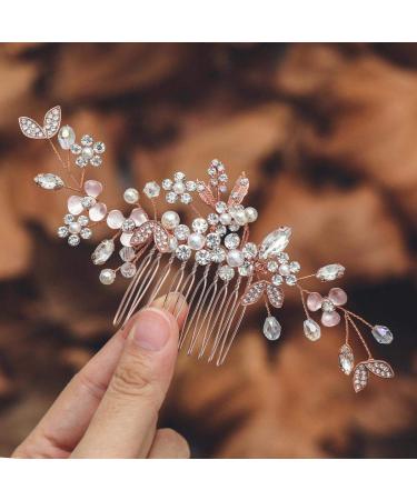 Ushiny Crystal Bridal Wedding Hair Comb Rose Gold Headpiece Pearl Hair Clips Leaf Bridal Hair Accessories for Women and Girls - Buy Online on GoSupps.com