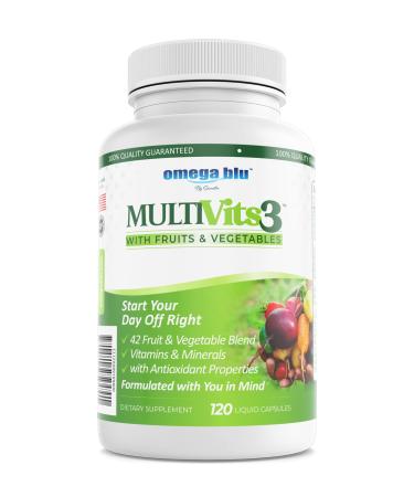 OMEGA BLU Multi Vits 3 Multivitamin - 2 Per Day - 70+ Ingredients - 42 Fruits & Vegetables - CoQ10 for Heart Health - Brain Energy Vision Support - Vitamins & Minerals - 60 Servings