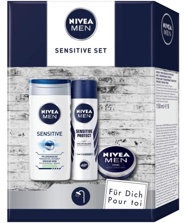 NIVEA MEN Sensitive Men's Care Set with Care Shower, Antiperspirant Cream and Skin Care Cream, Gift Set for Well-groomed Men