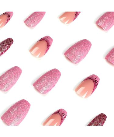 Buy IMSOHOT Medium Press on Nails - French Coffin Style Purple Glitter Full Cover Ballerina Acrylic Nails (24pcs) | Glossy & Easy to Apply for Women - International Shipping Available - Buy Online on GoSupps.com