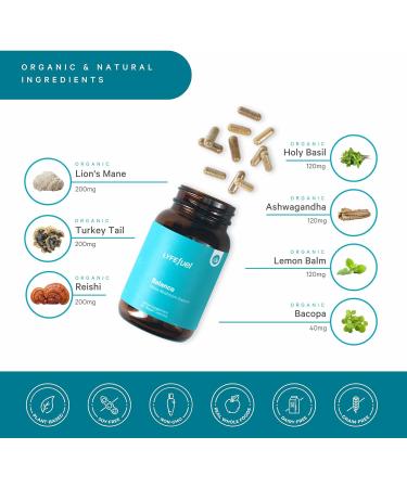LyfeFuel Adaptogen Blend for Stress Relief - Whole Food Mushroom Supplement & Organic Herb Complex to Manage Cortisol | Lion s Mane TurkeyTail Reishi Ashwagandha | 60 Vegan Capsules Balance - Buy Online on GoSupps.com