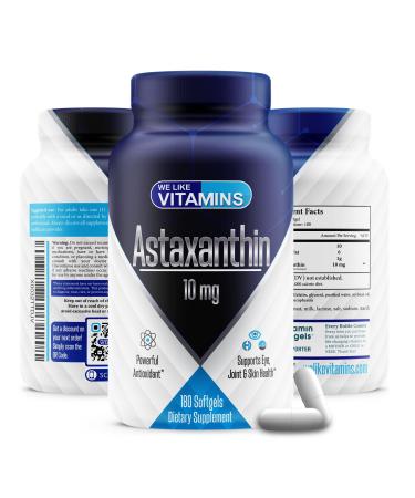 Astaxanthin 10mg Softgel - 180 Soft gels - Astaxanthin Supplement 6 Month Supply Antioxidant Helps Support Exercise Recovery, Eye, Joint, Skin Health