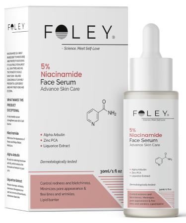 Foley 5% Niacinamide Serum for Acne Marks Dark Spots and Redness | With Alpha Arbutin and Zinc PCA | Oil Control Face Serum for All Skin Types | 30ml
